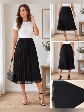 Vince Camuto Black Pleated Chiffon Midi Skirt